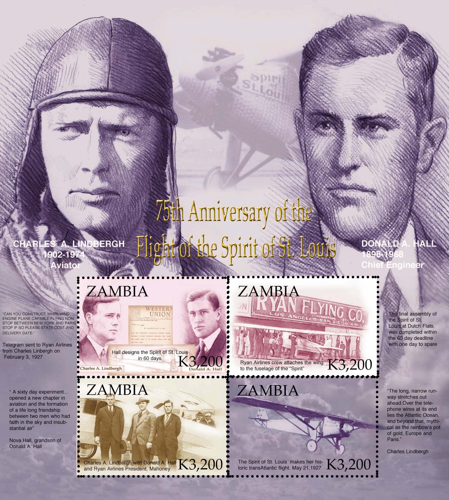 Flying Over Time Collection image 1 from “Stamps produced in Zambia for the 75th Anniversary of the Spirit of St louis”